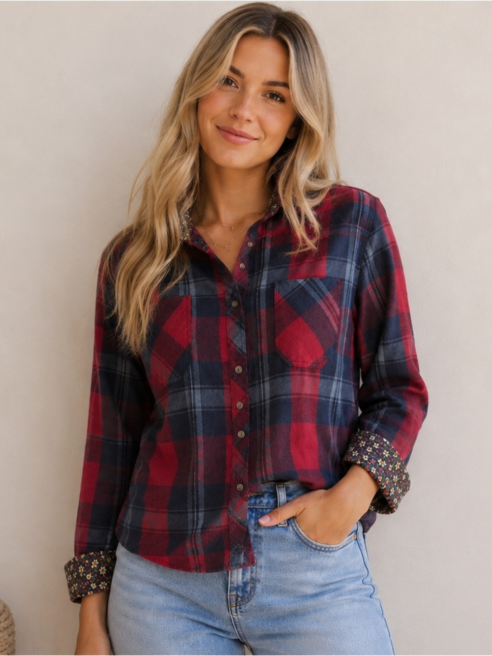 Straight Faded Plaid Button Down Shirt - Size Large - Red Blue Floral Cuff